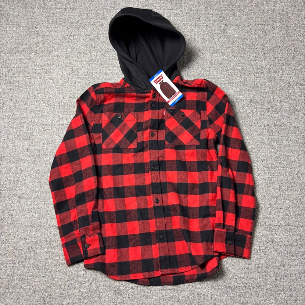 Levi's Hooded Flannel Shirt Kids L 10/12 Easy Fit Red m Buffalo Plaid Button